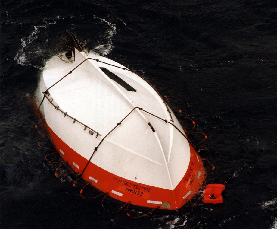 A lifeboat from the Estonia found floating upside down in the Baltic Sea after the tragedy