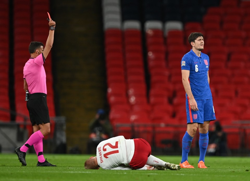 Harry Maguire was sent off as England lost 1-0 at home to Denmark