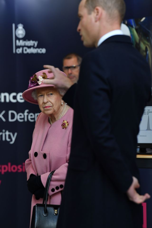 The Queen looks at her grandson as Prince William talks to scientists