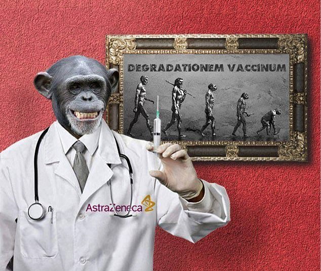 Another fake news meme shows a chimpanzee in a lab coat from pharmaceutical giant AstraZeneca