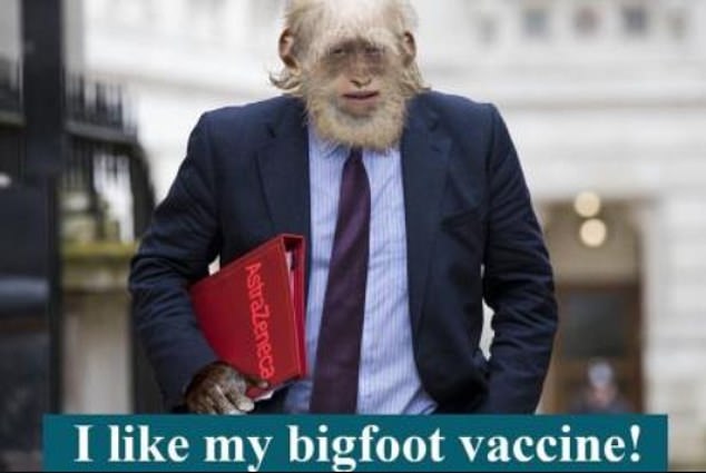 A meme of Boris Johnson as 'bigfoot' holding a folder headed 'AstraZeneca'