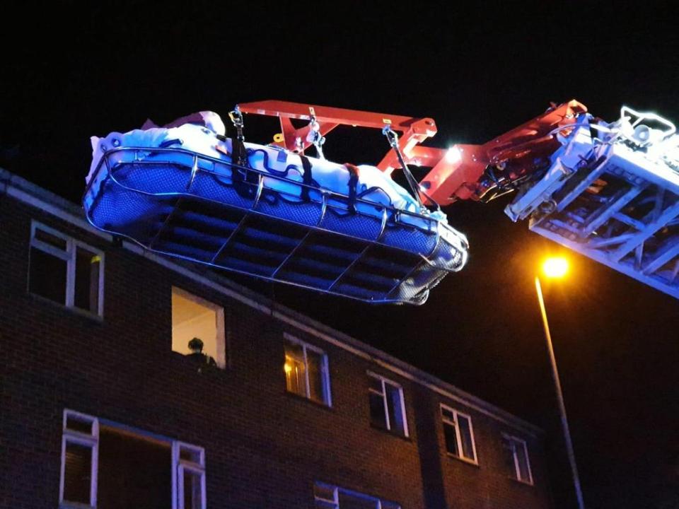 Rescuers had to remove his bedroom window in Camberley, Surrey, so he could be squeezed out