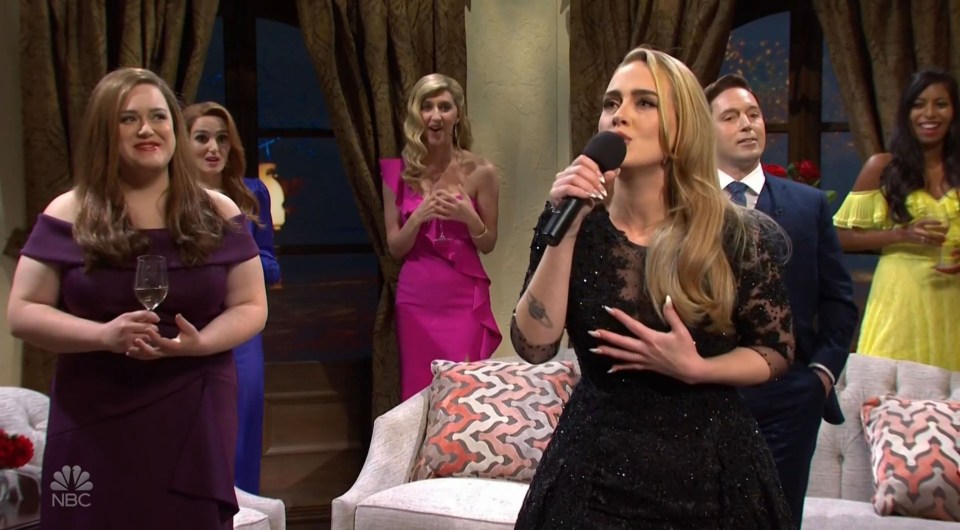 Sing-le girl . . . Adele bursts into song in Bachelor skit