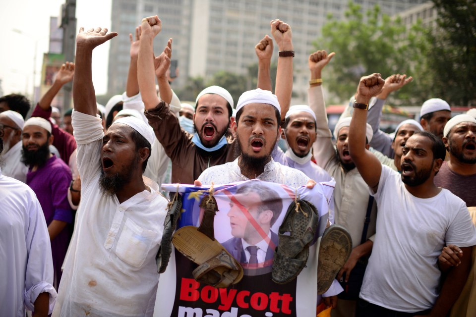 Protesters in Dhaka, Bangladesh support a boycott of French goods