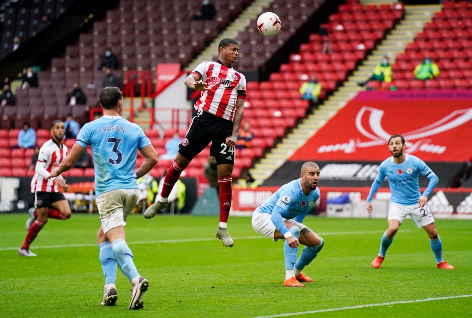 Summer signing Rhian Brewster goes close with a header for the Blades 