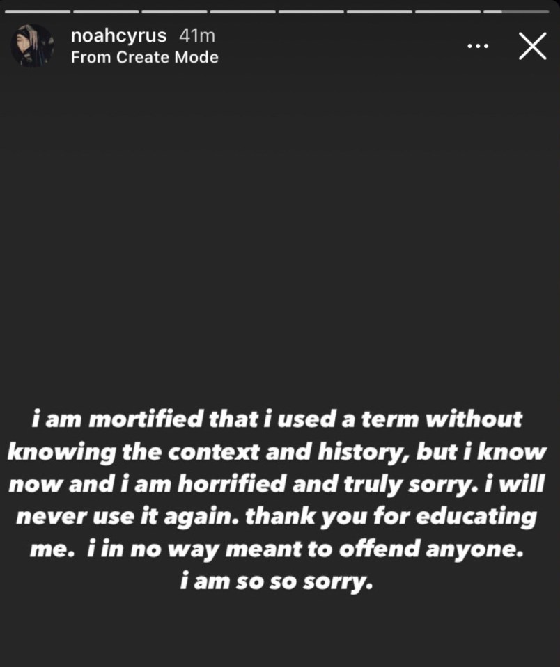  Noah Cyrus issued this apology in a December 3 Instagram story for using the racist word