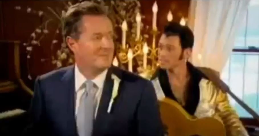 Piers wore a blue tie, a blue suit designed by Pal Zaleri for the 'wedding'