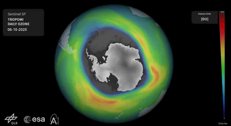 The ozone hole over Antartica at its peak in 2020