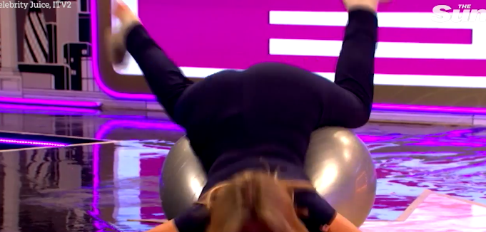 Emily Atack goes head over heels on a tricky Celeb Juice task