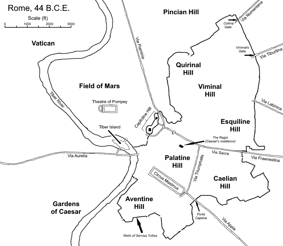 Rome depicted in the year 44BC, which is when Caesar died – with the dictator's home (The Regia) and place of death (Theatre of Pompey) visible