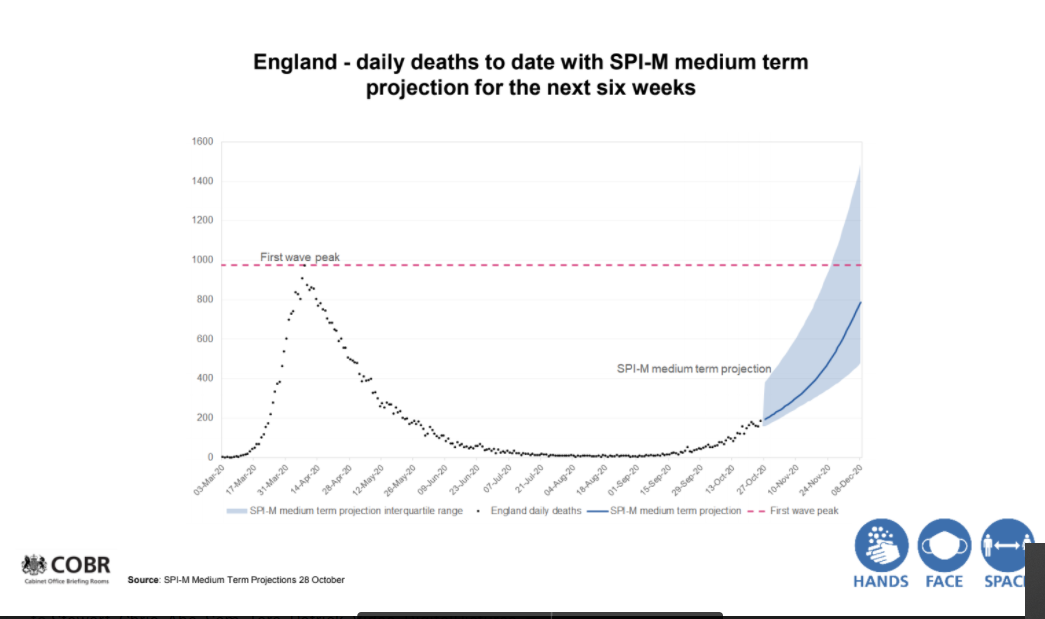 Daily deaths will pass the first peak within weeks, the grim slides showed