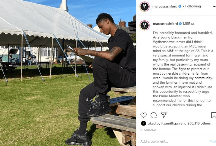 Marcus shared an emotional message on social media after receiving the honour