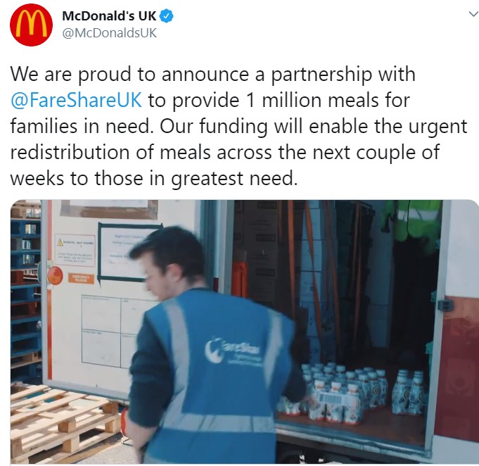 McDonalds announced the partnership in a tweet and said the funding would 'enable the urgent redistribution of meals' for those who need it most