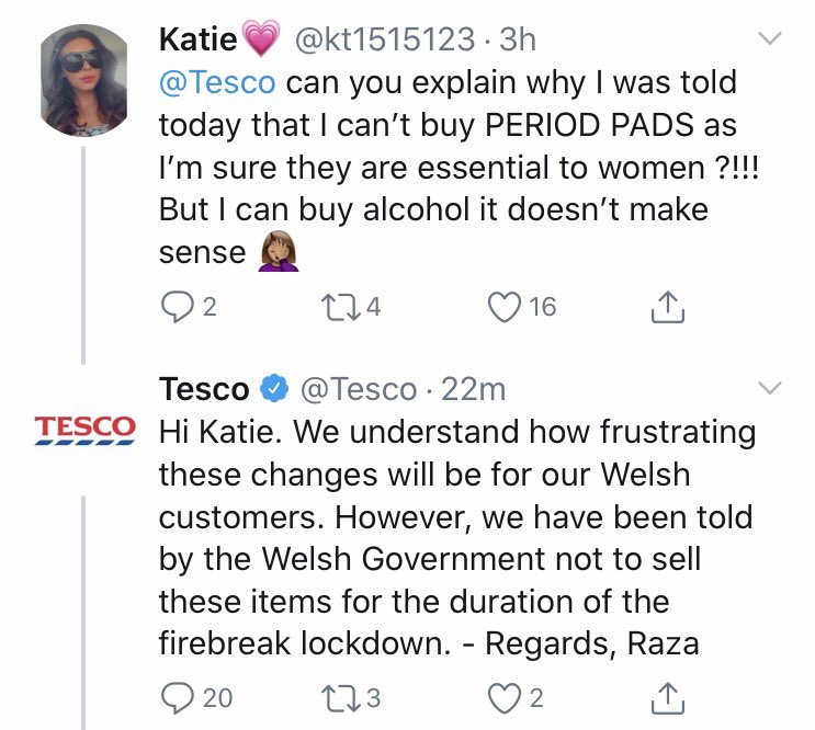 The Twitter user was told the items are banned by the Welsh government during the shutdown