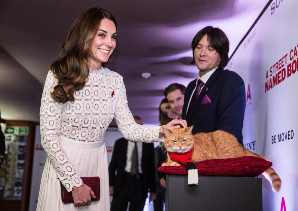 The Duchess of Cambridge made a fuss of the famous cat at the film premiere