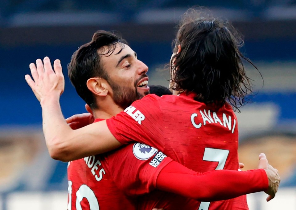 Cavani rushed to hug Fernandes after the Portuguese star's selfless pass gave him his first goal