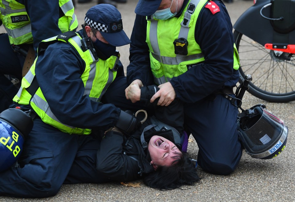 Police arrest a demonstrator at Marble Arch 