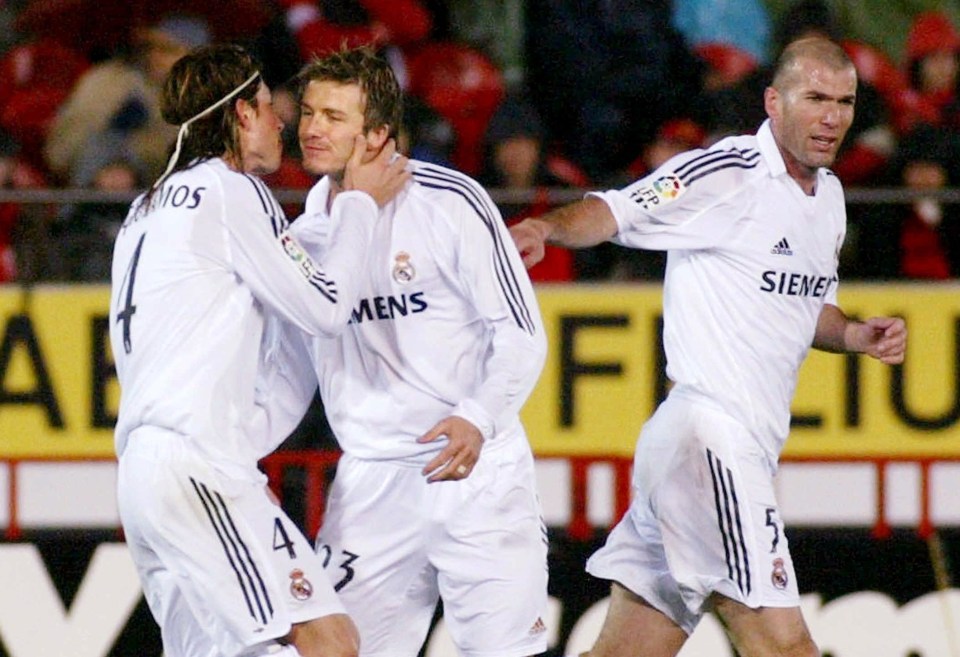 Sergio Ramos, congratulates David Beckham during his Real Madrid hey-day as Zinedine Zidane looks on