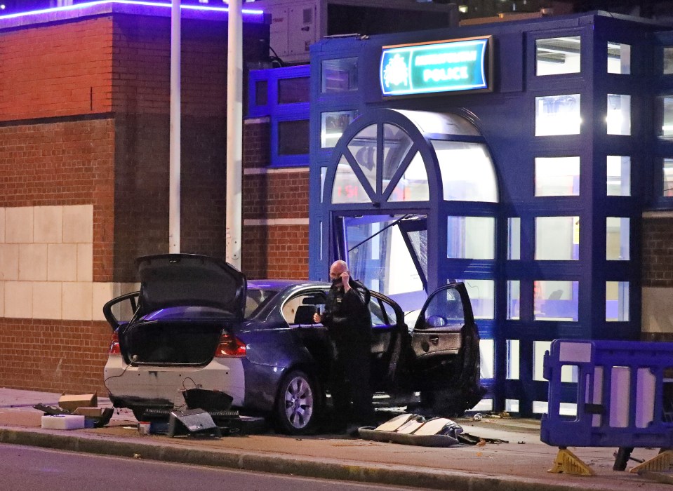 The car crashed into the entrance of the Edmonton Police Station