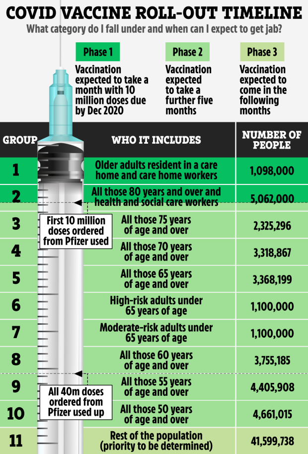 The Pfizer vaccine could be rolled out in three phases, experts suggest