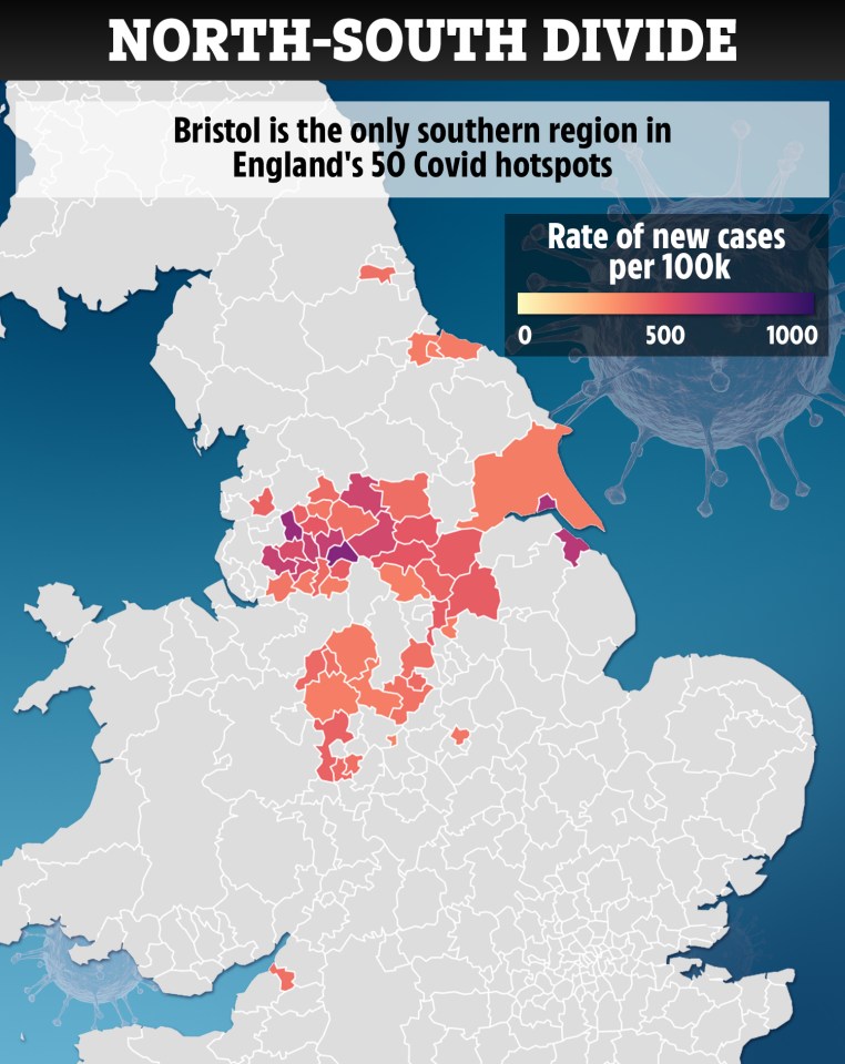 49 of England's 50 virus hotspots are in the north, with just one southern city - Bristol - making it into the grim list