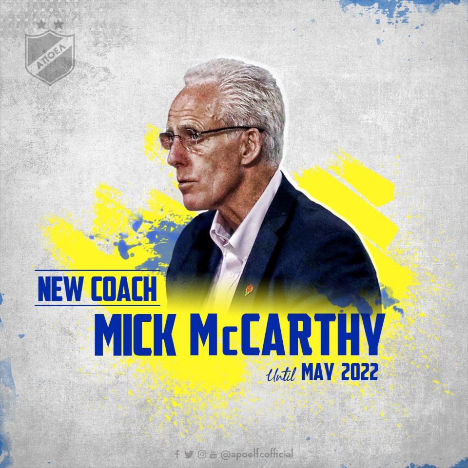 APOEL have appointed manager Mick McCarthy until May 2022