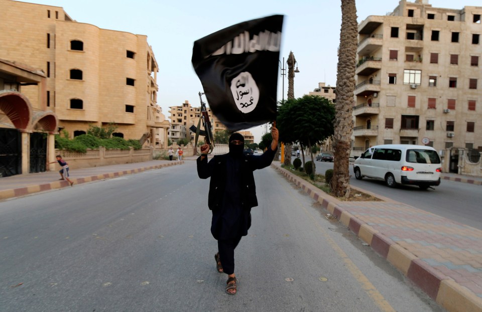 An Islamic State fighter raises the ISIS flag