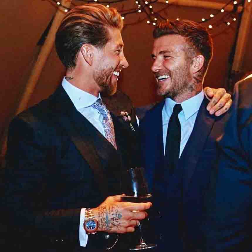 Pals Sergio Ramos and Becks enjoy a drink together at the end of the Englishman's playing career