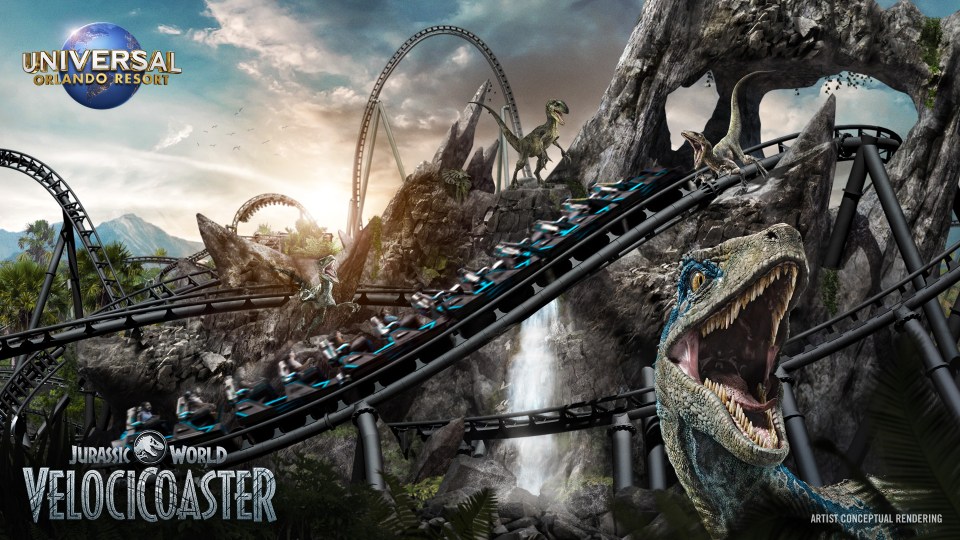 The Jurassic World rollercoaster features the famous Velociraptors