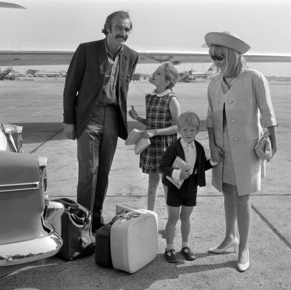 Sean Connery with his first wife Diane Cilento and their children Gigi, aged 9, and Jason, aged 4, before flying to Nice, France in 1967