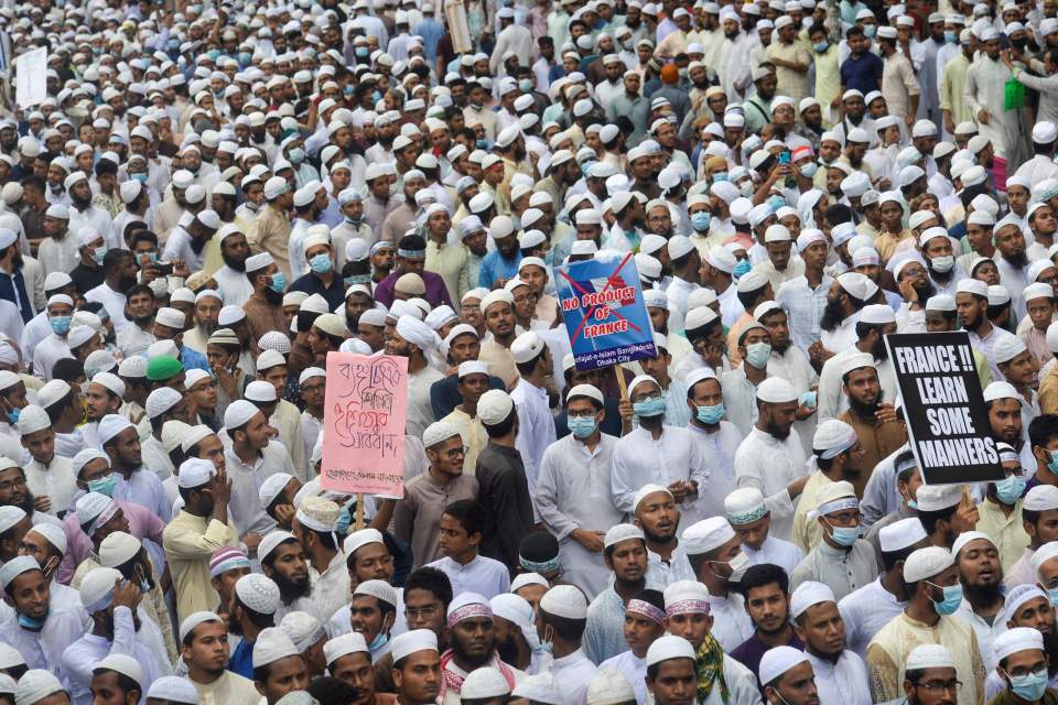 Some chanted 'No defamation of the Prophet Mohammed' as they vented their anger over Macron's comments