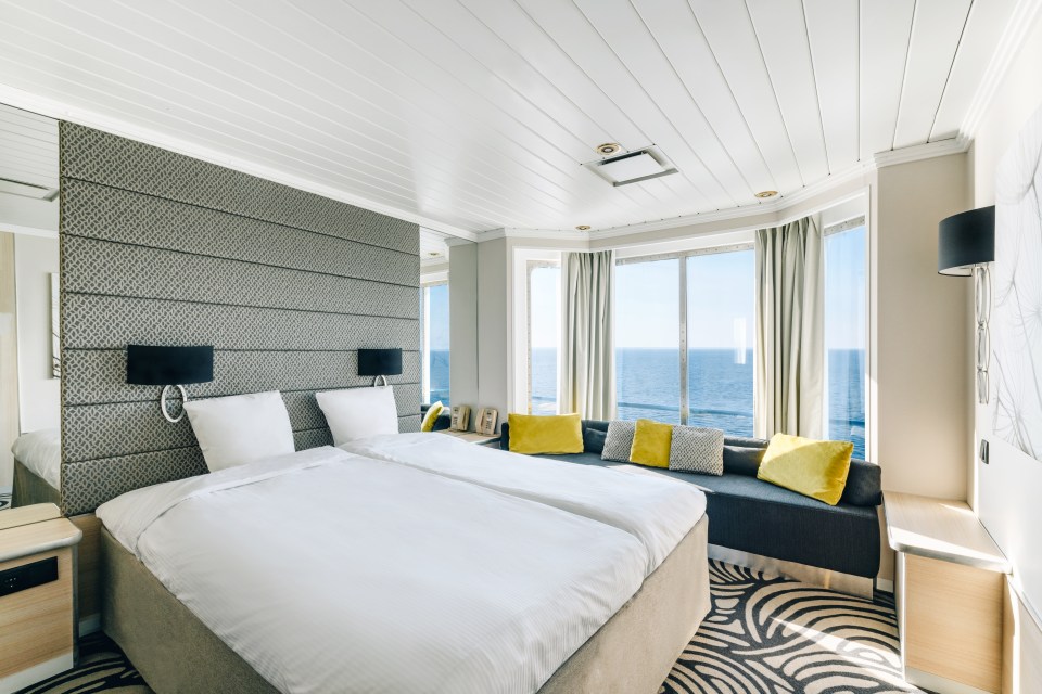 The ship is designed to fit 3,000 passengers, with luxury sea-view bedrooms like this one