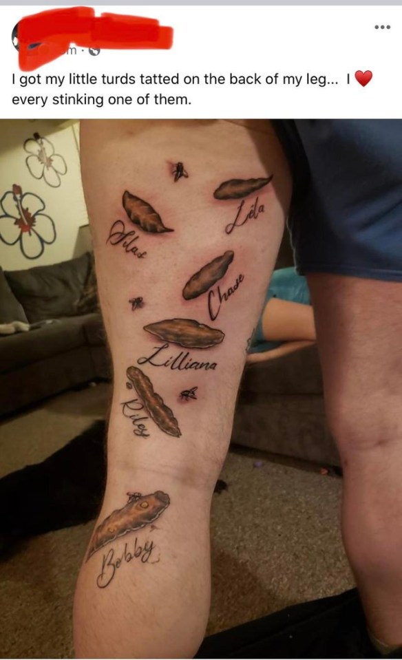 A dad has horrified the web after getting his kids’ poo tattooed on his leg