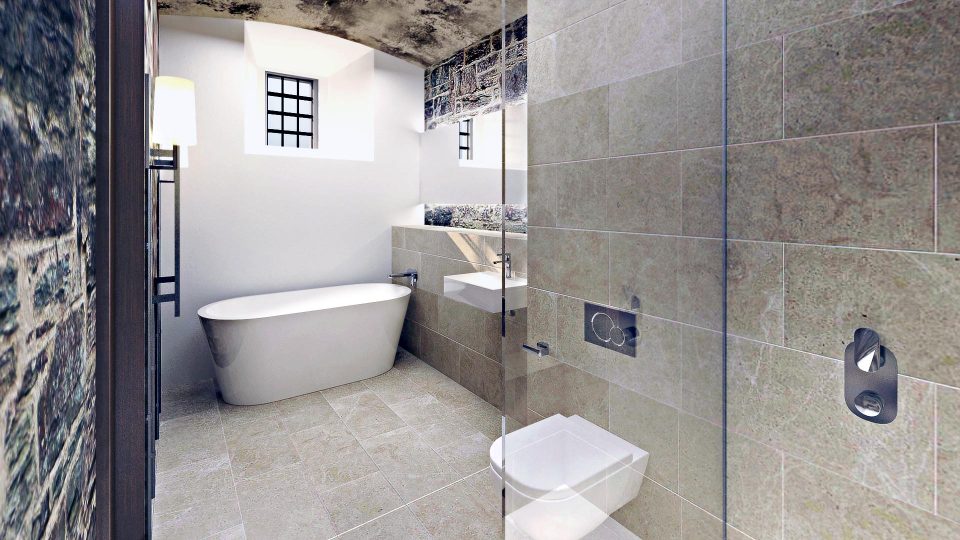 The lavish en-suite bathrooms retain the features of the cells