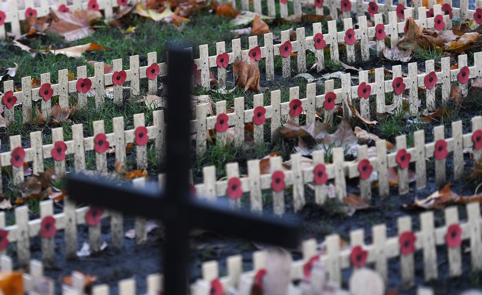 Crosses lie on the field of remembrance at Westminster Abbey to commemorate Britain's war dead in London