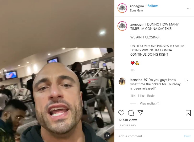 Michli took to Instagram and Facebook to announce that he wasn’t closing his gym