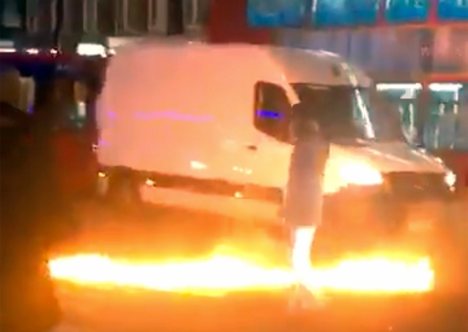 Flammable liquid was set alight in the middle of the road