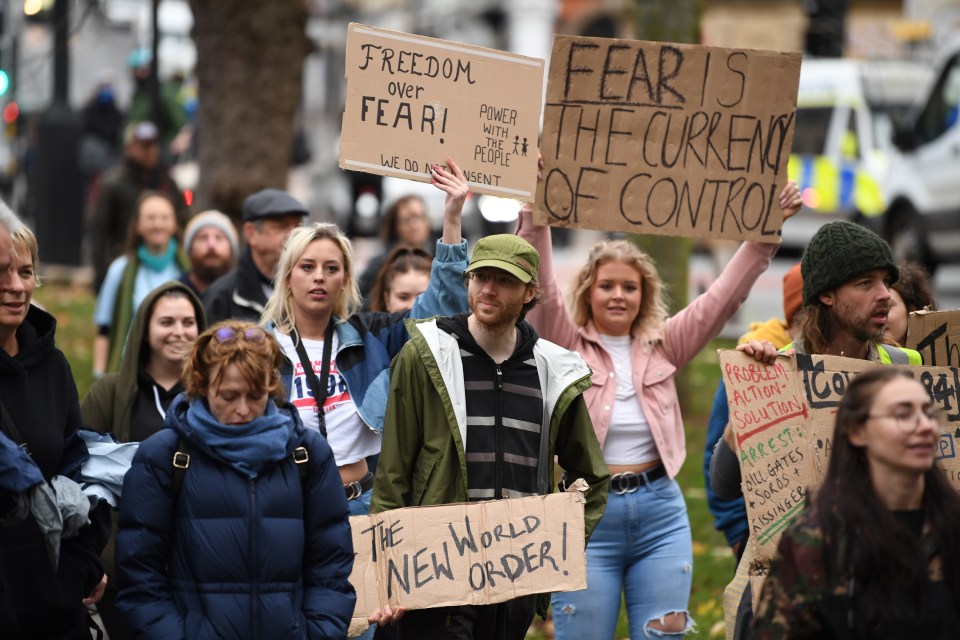 Protesters wave signs reading 'f*** the New World Order'