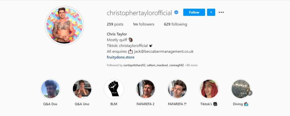 Chris recently hit one million Instagram followers