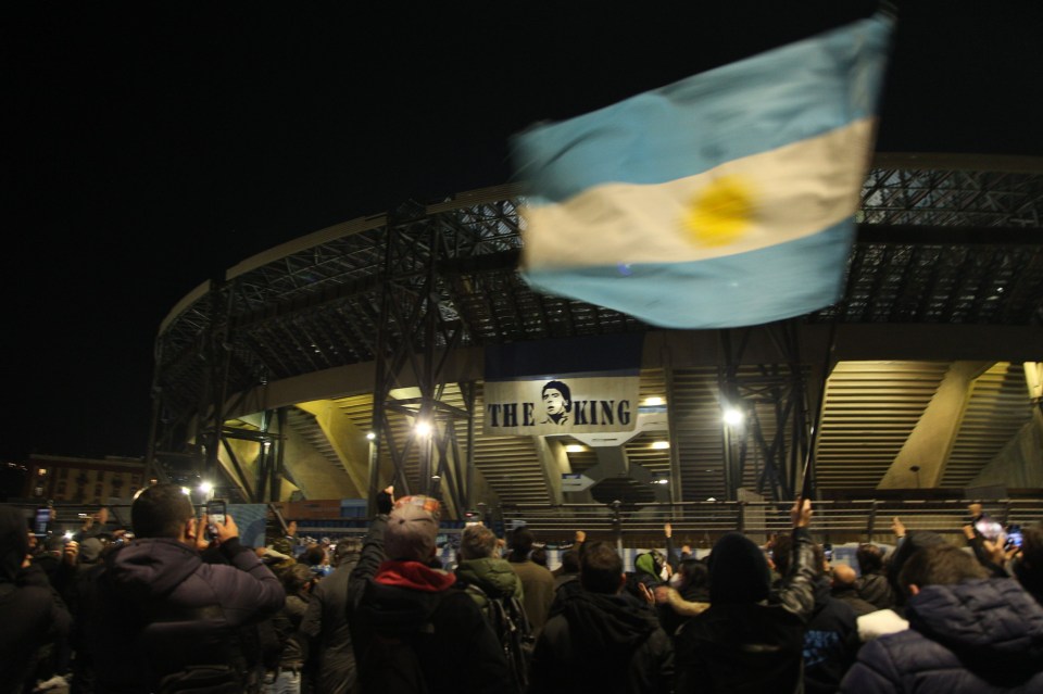 A huge flag dubbing Maradona ‘the king’ was strung up outsideSan Paulo stadium in Naples