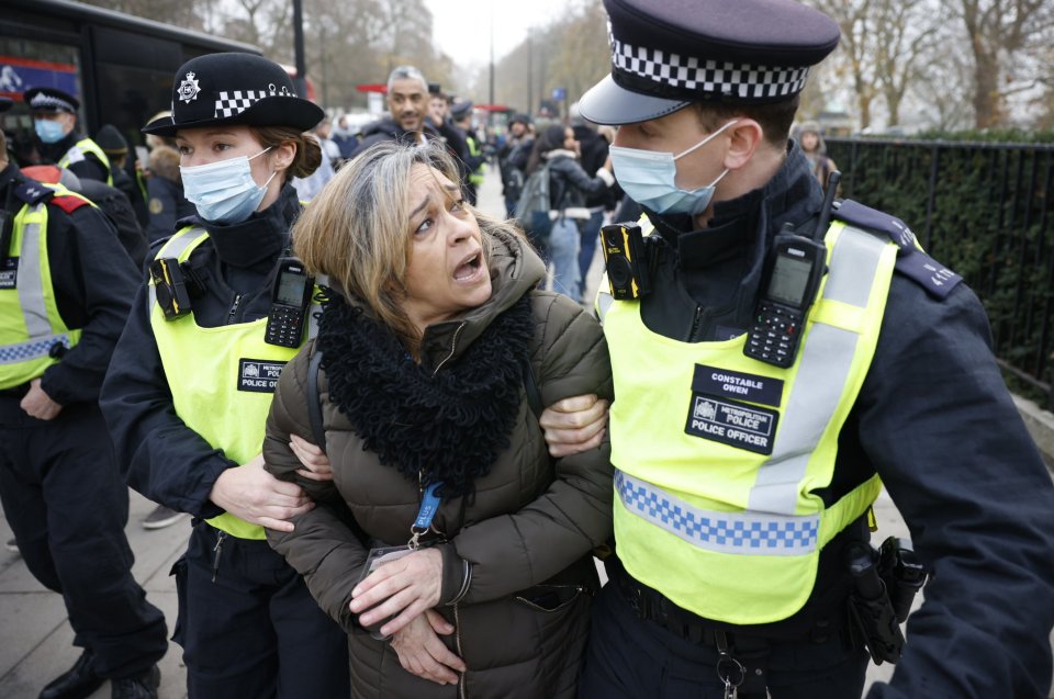 Police detain an anti-lockdown protester near Hyde Park