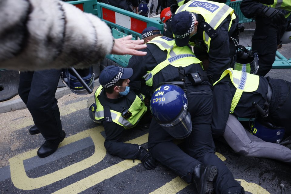 Police make arrests in Regent Street as anti-lockdown protesters march in central London