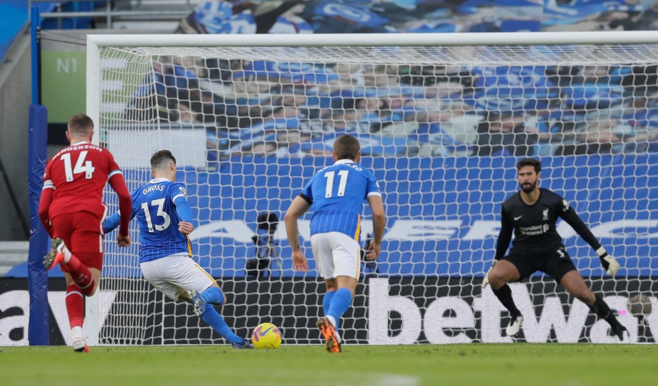 Pascal Gross rescued a draw for Brighton with a stoppage-time penalty against Liverpool