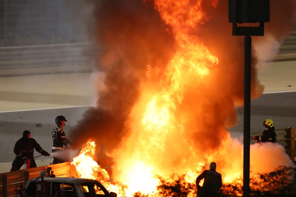 Grosjean's F1 car went up in flames before he amazingly managed to escape the wreck