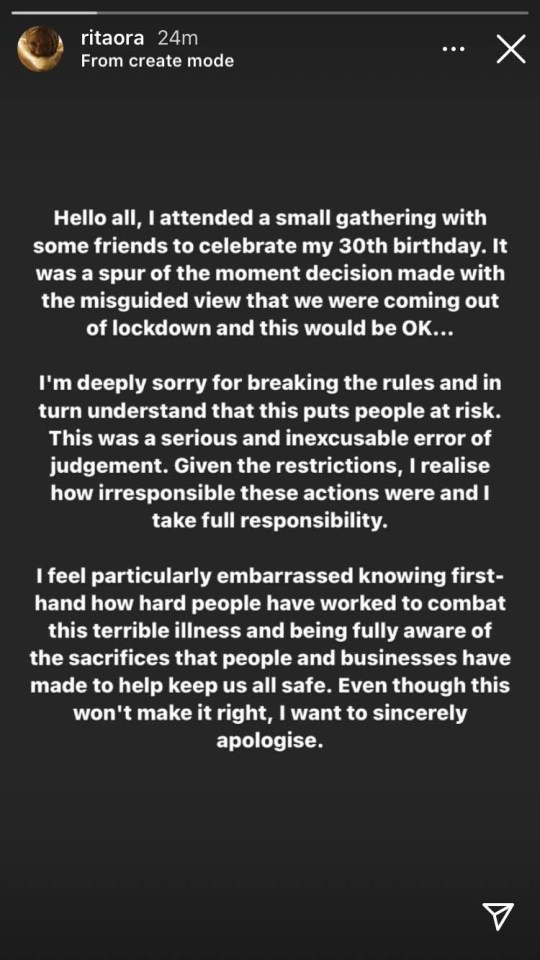 Rita has apologised for the party