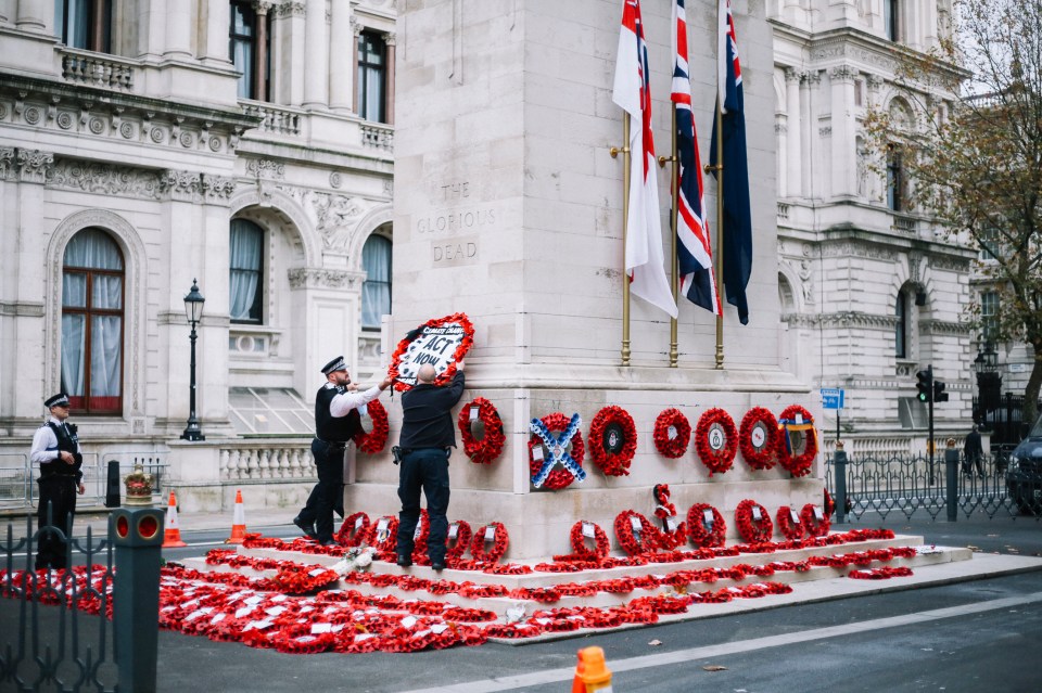 Cops later removed the controversial wreath from the Cenotaph