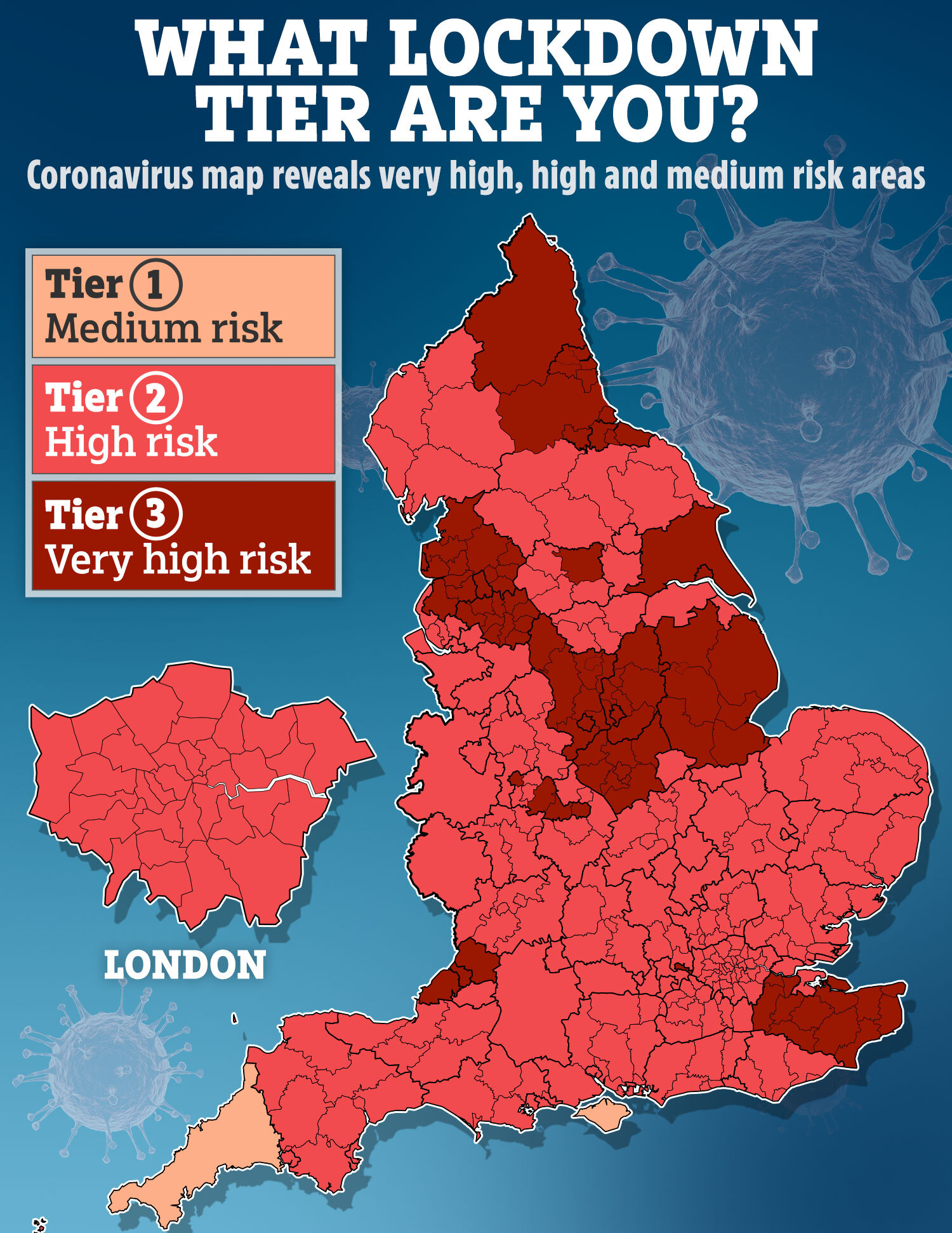 Just three places in England aren't in either tier two or three measures - the Isle of Wight, the Isles of Scilly and Cornwall