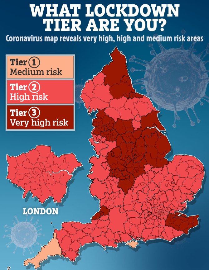 The current lockdown tiers in force across England