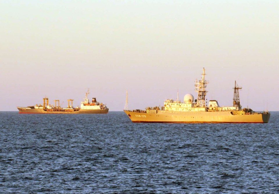 Tanker Sergey Osipov (left) and intelligence ship Viktor Leonov were spotted off the coast of Scotland