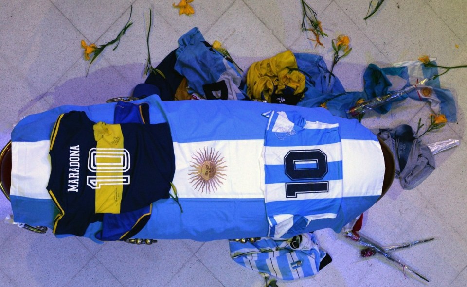 The coffin had jerseys with Maradona’s famous number 10 on it